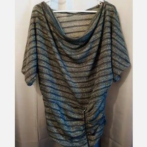 New Metallic Sheer Crochet Draped top L Blue Gold Green stripe Zippered waistban